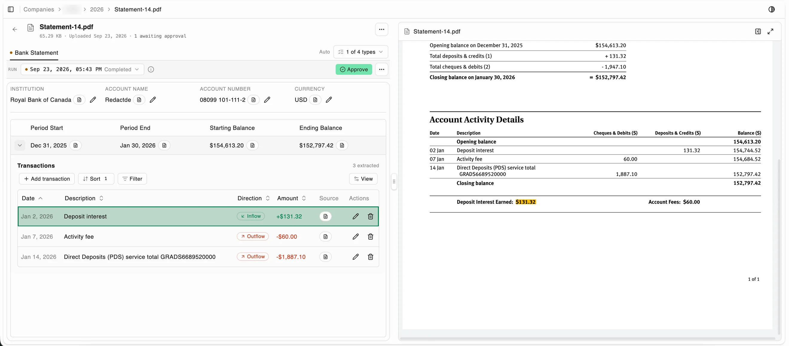 Bank statement with an extracted transaction highlighted in the source PDF